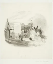 郡裁判所の城、ニューカッスルアポンタイン（紙に水彩（紙に貼り付け））